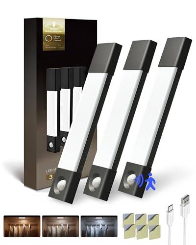 EZVALO Schrankbeleuchtung 20 cm, 30 LED Schrankleuchte LED mit Bewegungsmelder, Unterbauleuchte Küche LED mit 3 Farbtemperaturen, dimmbar, aufladbar für Kleiderschrank, Küche, Treppe, (3 Stück)