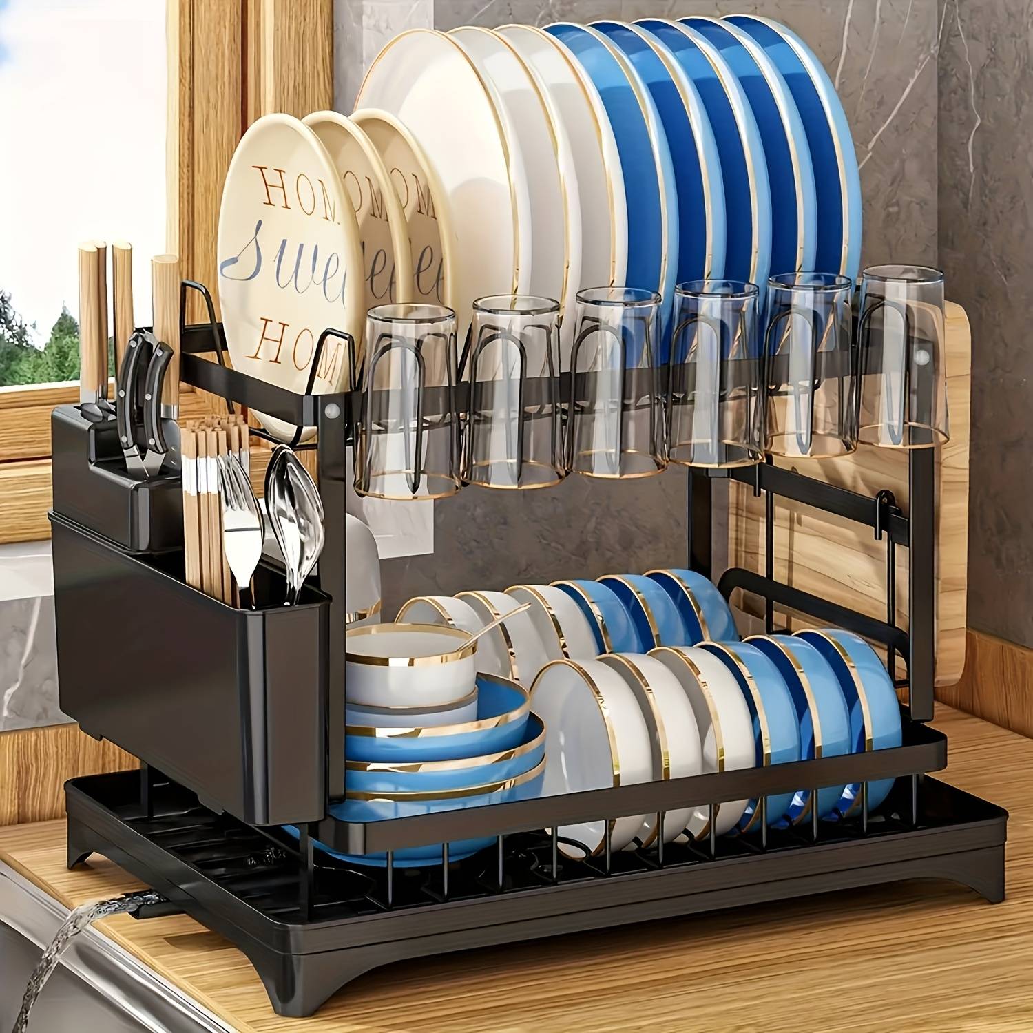 Multifunctional Carbon Steel Dish Rack, 2-tier Drain Board With Drainage Tray, Utensil Rack, Sticky Board Rack, Cup Rack, Suitable For Kitchen Desktop Organization, Space , Storage Solution