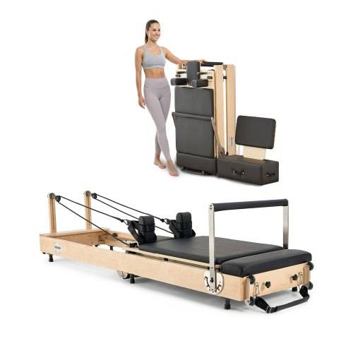 VEVOR Hopfällbar Pilates Reformer, Trämaskin för Pilatesträning i Hemmagym, Pilatesbädd med Dubbelt Motstånd - Fjäder & Snöre, Reformer-set med Sittlåda, Upp till 180 kg