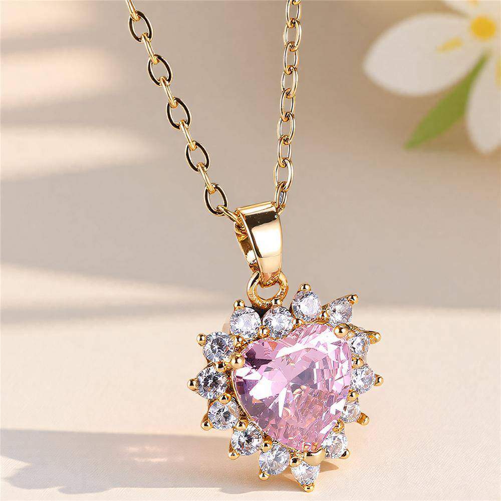 Halsband med Hänge Hjärta Rosa Sten Zirkon Kristall Guld Färg Vintage Bröllop För Kvinnor