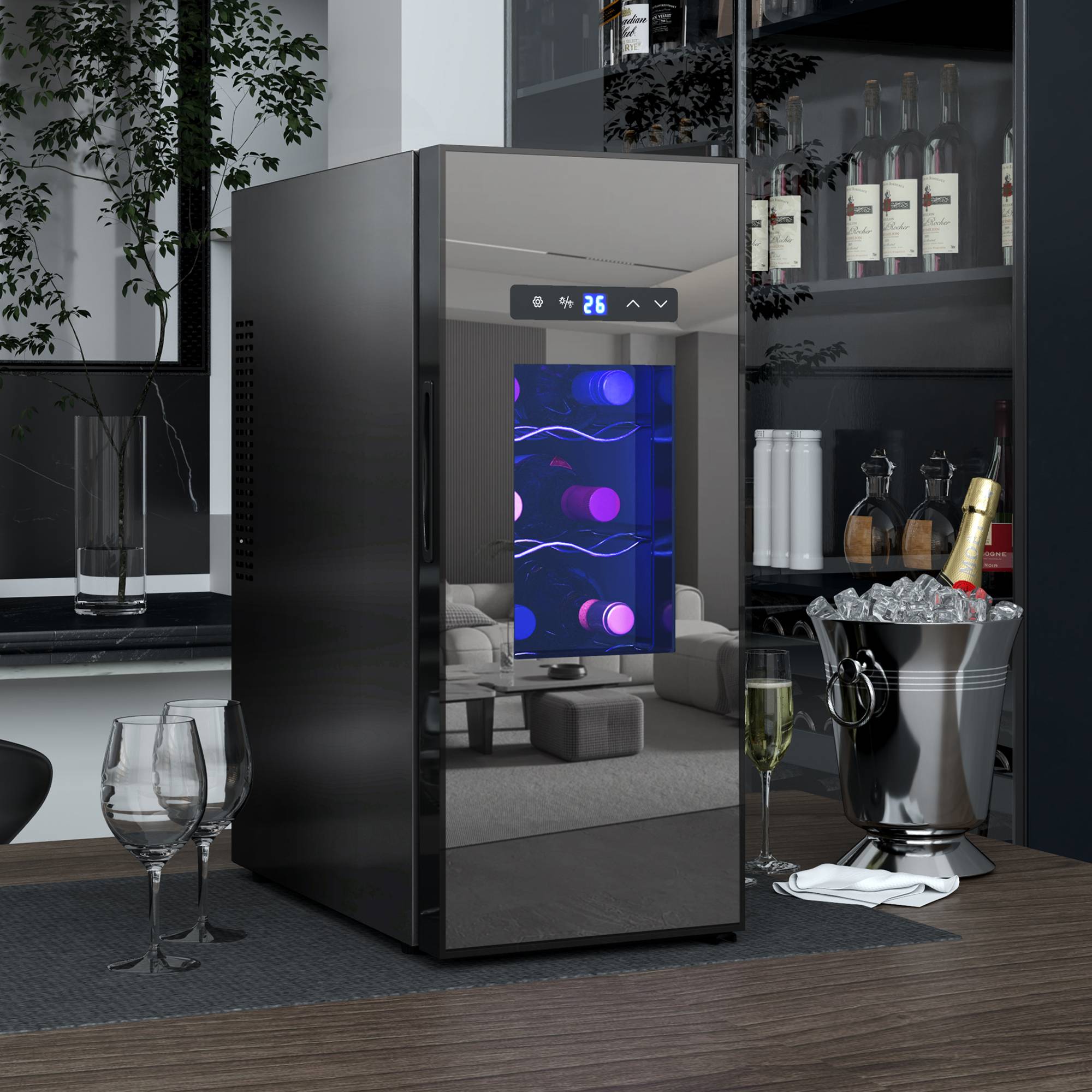 Vinkøler 12 flasker 30L 8-18°C Dobbelt termoelektrisk flaskekøler med glasdør, drikkevarekøler med LED-lys, lille vinskab med touchskærm sort