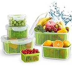Luxear Behållare för färsk mat 5-pack, grönsaksfrukt kylskåp förvaringsbehållare producerar sparare BPA-fri med lock och durkslag, grön