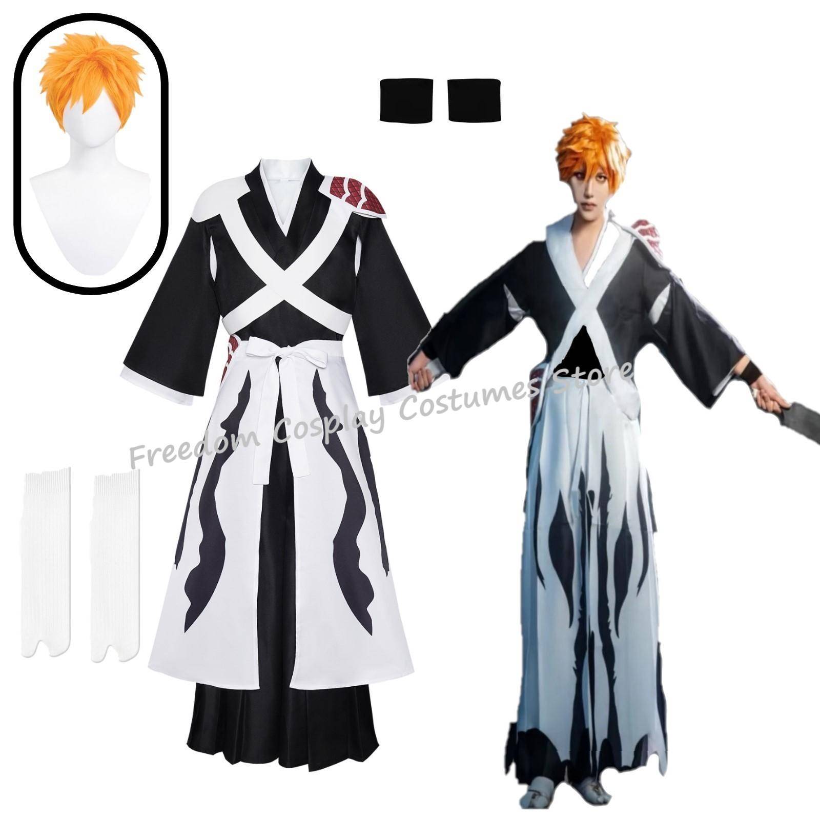 Bleach Ichigo Kurosaki Cosplay-dräkt, Svart Vit Bankai Kimono-liknande Outfit för Män Halloween Comic-Con Rollspel cm black