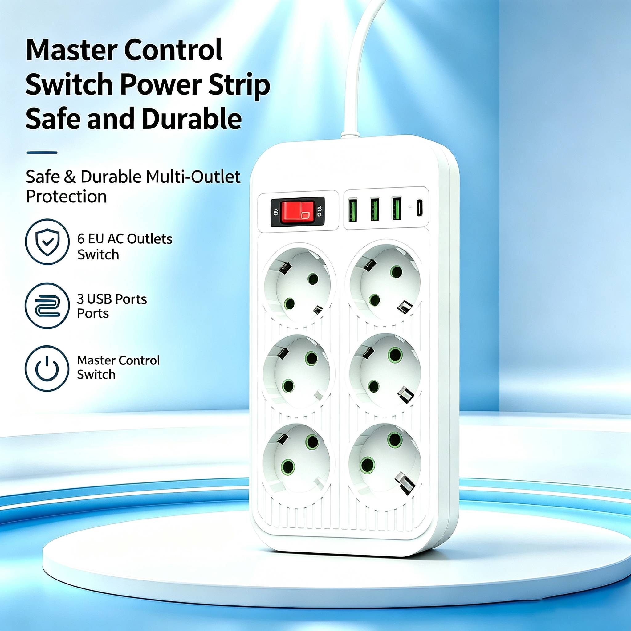 1500W EU Power Strip 6 AC Outlets 3 USB 1 Type-C Charging Ports 2M Cord Master Control Switch Wall Mount Socket for Home Office