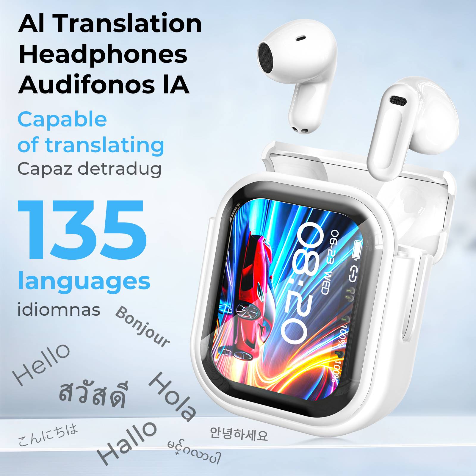 HTC ne20 Wireless Bluetooth 6.0 Earbuds with AI Translation & ENC Noise Cancelling Mic, HTC ne20 Open Ear Sport Headphones for Travel/Work, 48Hrs Playtime, Digital Display, IPX7 Waterproof for iPhone