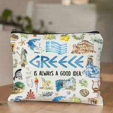 Greek Themed Cosmetic Bag - Lightweight Foldable Toiletry Bag, Fun Greek Art And "Greeceis Calling" Print, Zipper Closure, Strapless Design, Unisex Mu - Multicolor - Black,Pink,White,Rose Red,Khaki