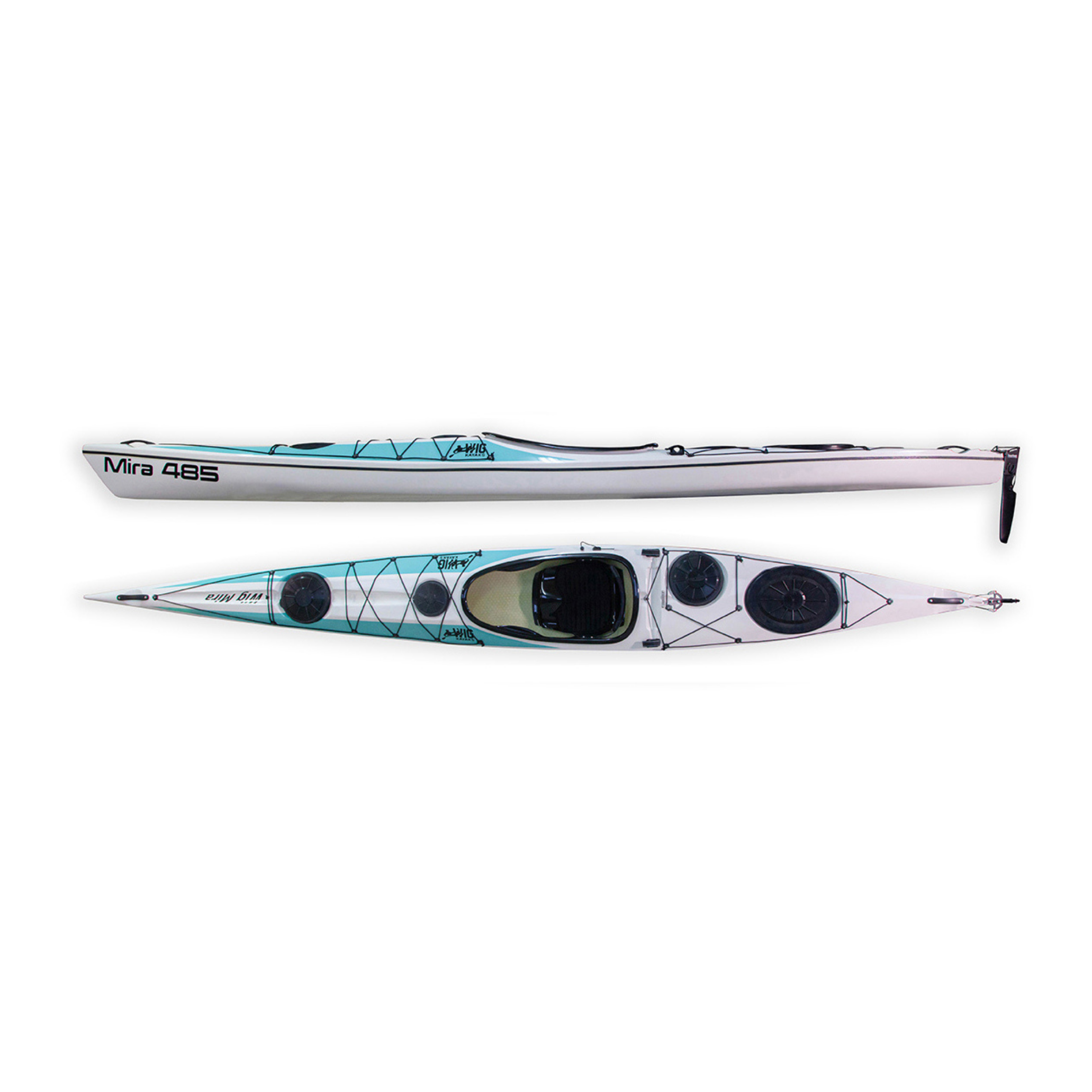 Kajak Wig Mira 485 | Havskajak i glasfiber för turpaddling, Glasfiber / Vit/Turkos / Roder & Skädda