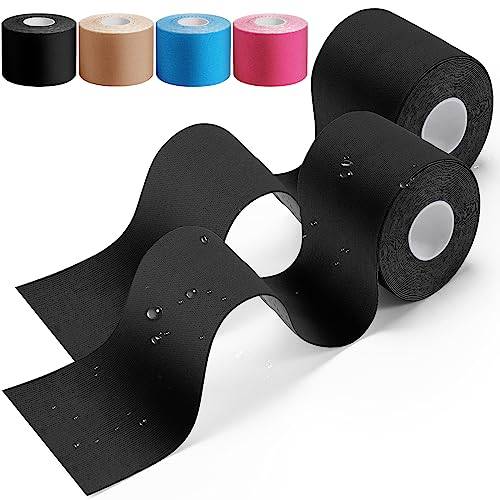 HONYAO® Kinesiologitejp 2 Stycken, Kinesiology Tape (5m×5cm), Fysiotejp för Axlar, Rygg, Knän, Armbågar och Nacke, Sporttejp, Hudvänlig, Elastisk & Vattentät - Svart