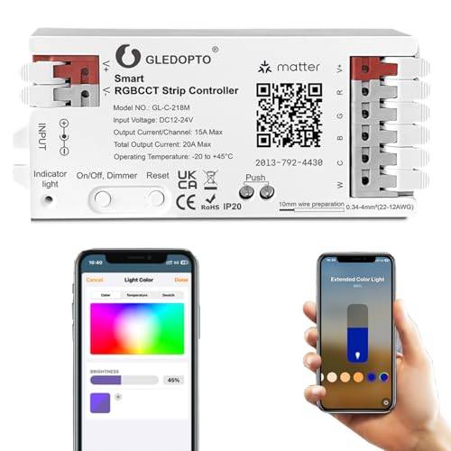 GLEDOPTO Matter RGBCCT 20A max LED-drivrutin för analog LED-remsa PWM röststyrning via RGBW RGB-applikation dimbar kompatibel med Homekit Google Echo Alexa (Matter 218M)