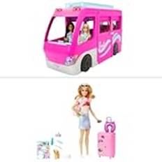 Barbie Bundle, Barbie Super-Abenteuer-Camper Fahrzeug-Spielset (HCD46) + Barbie-Reise-Puppe und Zubehör (HJY18), 2 Spielzeuge für Kinder + 3 Jahre