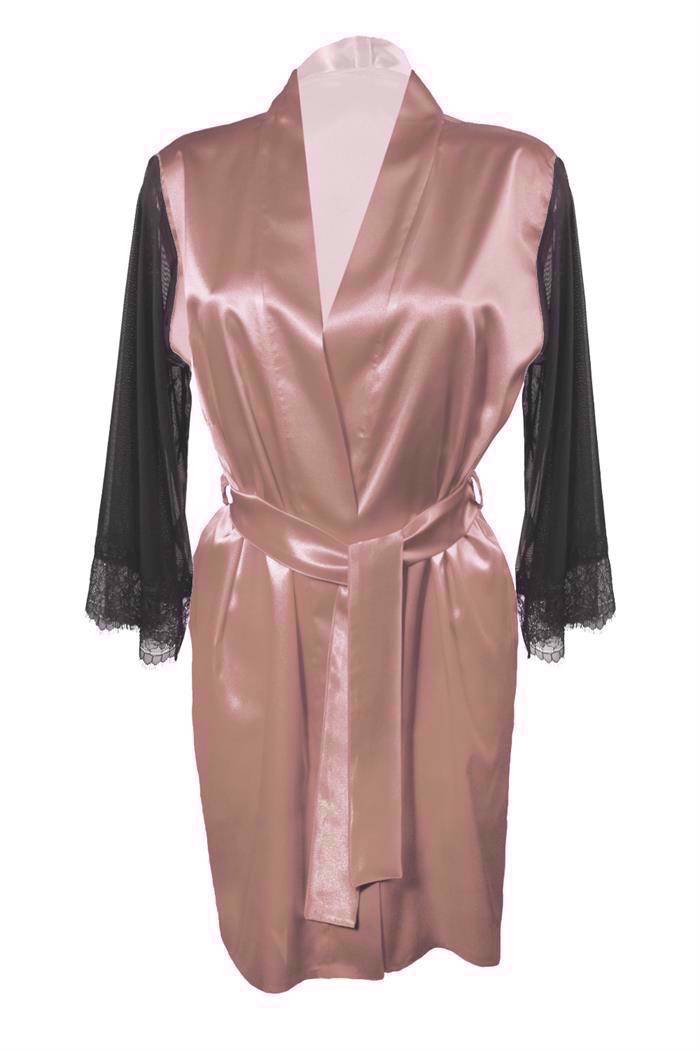 Satin kimono morgenkåbe m. sort mesh ærmer