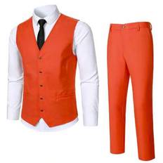 Men&#39;s Classic Solid Color Vest And Pants Suit Set, Casual, Wedding Suits For Men, Men Formal Outfit, Men&#39;s Dress Suits - Orange - L,M,S,XL,XXL