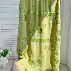 Women&#39;s Summer Beach Floral Sequin Elastic Waist Loose A-Line Skirt Embroidered  Lime Green Floral Skirt,Bohemian CLothes - Green - L,M,S,XS