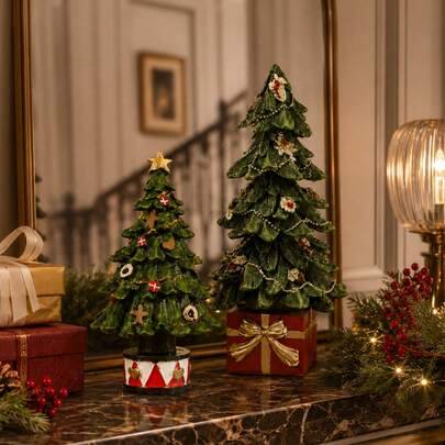 1 st julgransprydnadssätt i harts, vintage grön bordsdekoration med stjärntopp, pärlgirland, presentask och trumbas, lämplig för eldstadshyllan, matbo (Rund presentask julgran,Fyrkantig presentask julgran)