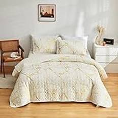 HAVOP Sängöverkast, dubbelstorlek, beige, ljuskräm, quiltade sängöverkast, guld, marmor, tryck, lyxigt, mjukt mikrofiber, överkast, överkast för alla årstider, sängöverkast, sängöverkast, set
