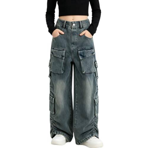 Rolanko Baggy Cargo byxor för flickor, elastisk hög midja, raka byxor med vida ben med flera fickor, Retro blå, 11-12 år