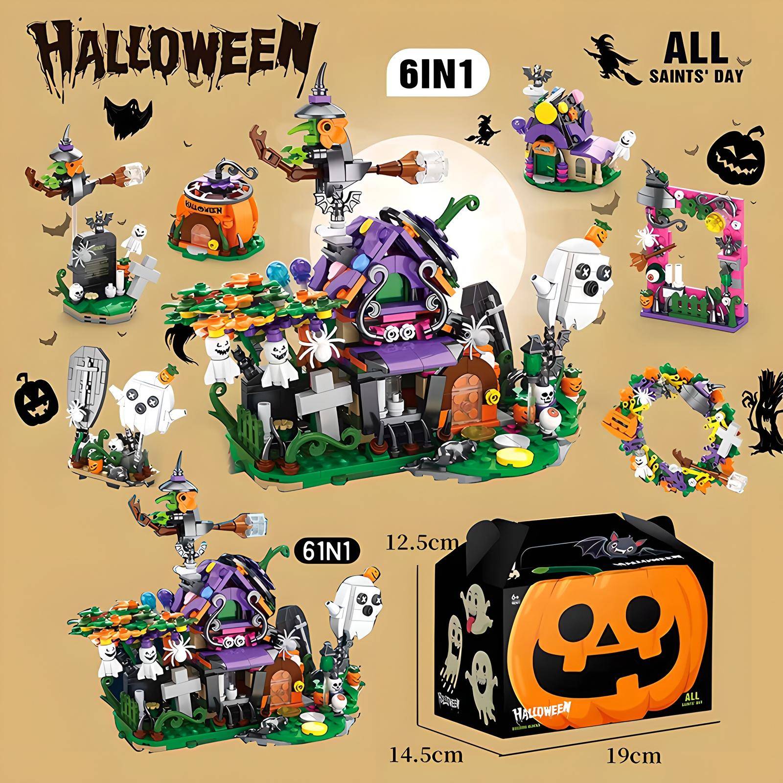 6IN1 Halloween Hus Tåg Modell Byggklossar Stad Pumpa Spöke Bil MOC Klossar Set Leksaker för Barn Barn Present white