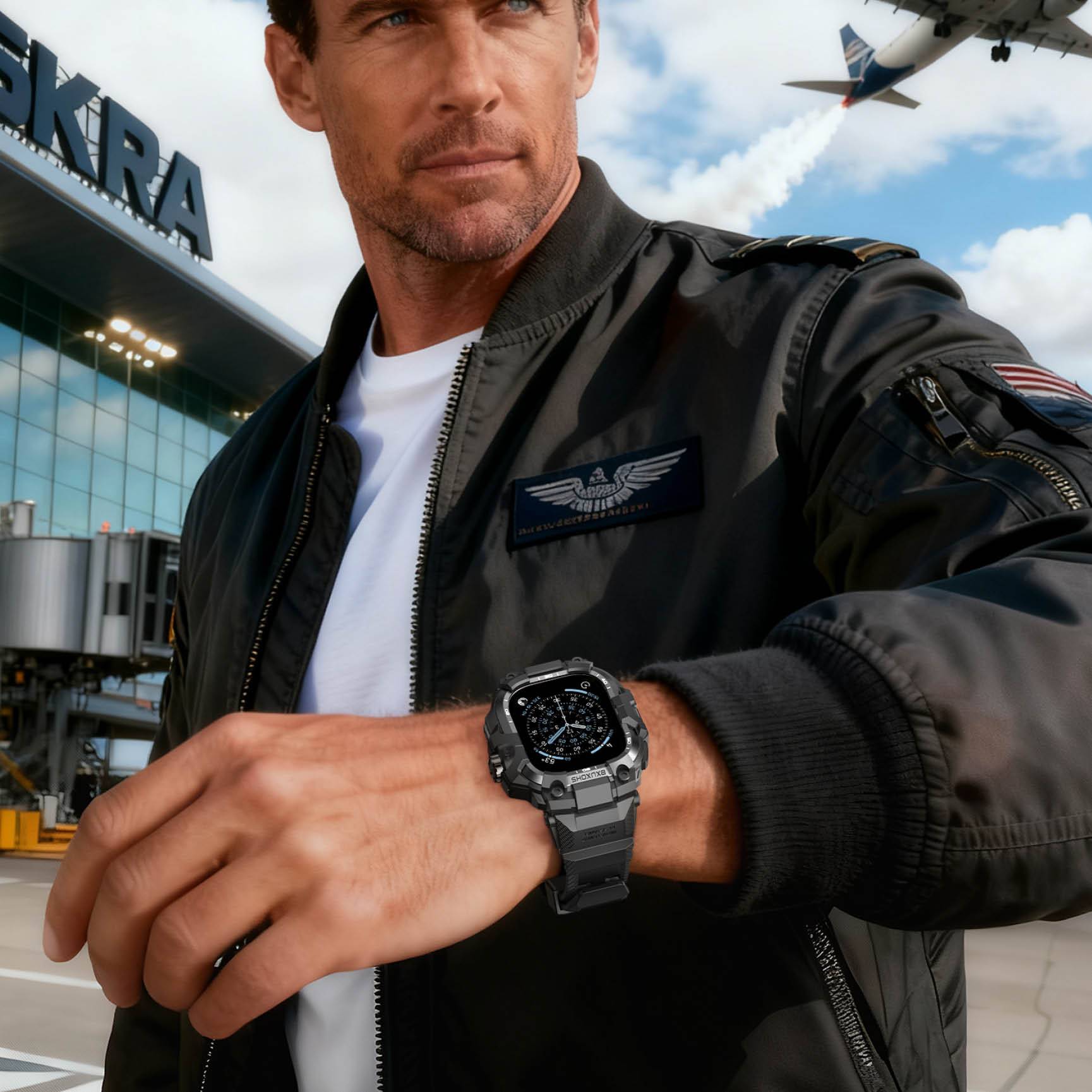 Fodral+Taktiskt Band för Apple Watch-band Ultra 3 2 49mm 46mm 45mm 44mm TPU-skydd Metallarmband iwatch serie 11 10 9 8 7 6 SE vinröd färg