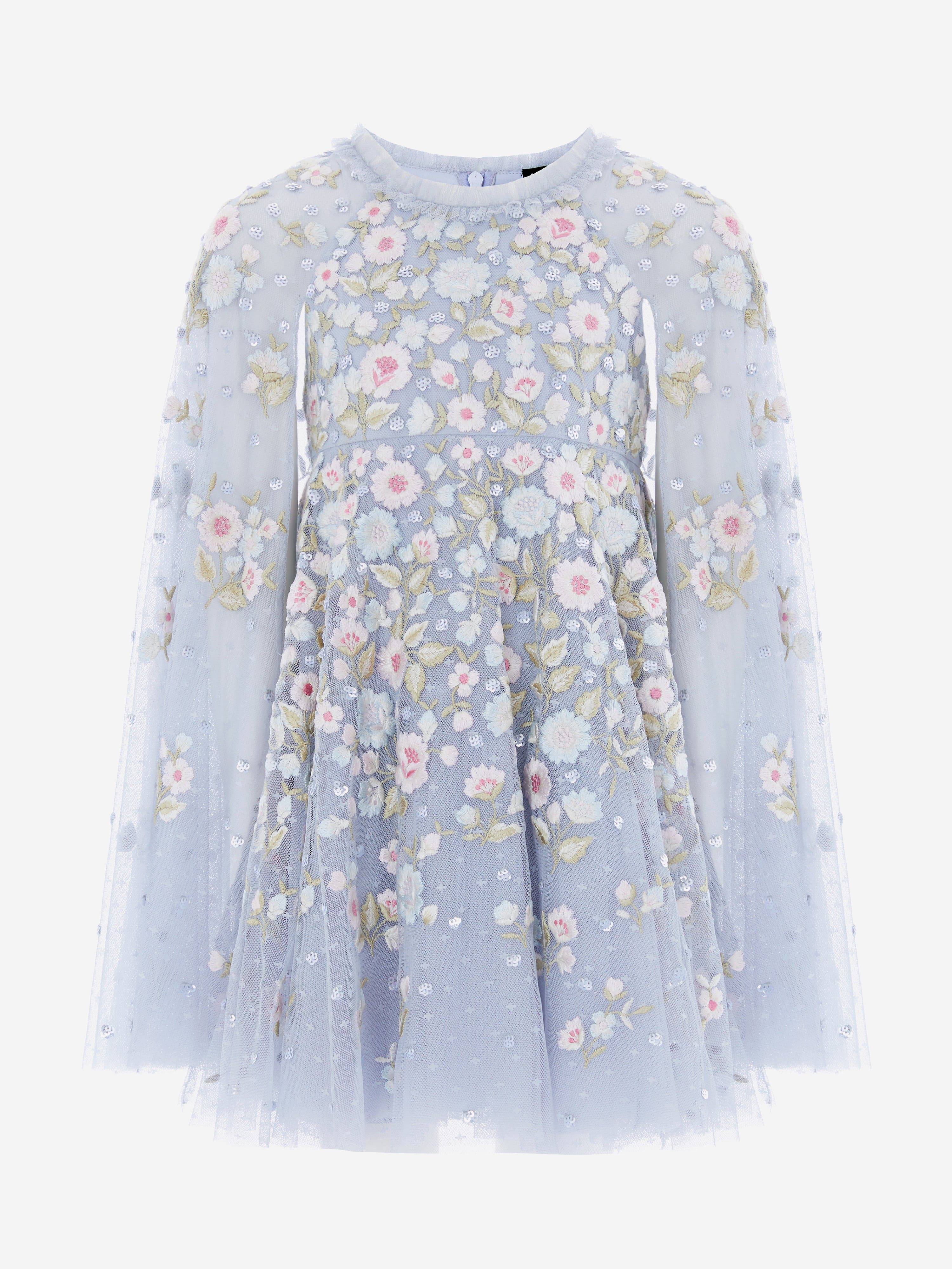 Needle & Thread Girls Ethereal Blooms Cape Dress in Blue - Blue / 6 Yrs (6 Yrs)