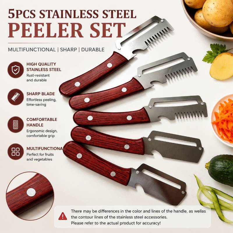 Premium Thickened Steel Multifunctional Peeler Set, 5pcs (3pcs Serrated Slicer And 2pcs Peelers), Ergonomic Wood Grain Non-slip Handle; Peeling/slicing/bottle Opening 3-in-1 Precision Kitchen Knife