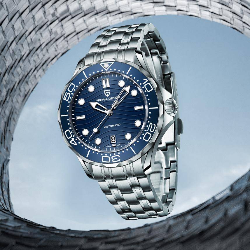 Ny WatchMen PAGANI DESIGN Blå Vågurtavla Lyxig Automatisk Klocka Herr AR Safirglas MIYOTA 8215 Urverk Mekanisk Armbandsur Herr Lokal Frakt