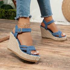 Women&#39;s Sky Blue Simple Waterproof Platform Wedge Sandals, Summer Linen Woven Strap Twist Breathable Sandals, Beach, Vacation, Beach High Heel Shoes, - Blue - CN36,CN37,CN38,CN39,CN40,CN41,CN42
