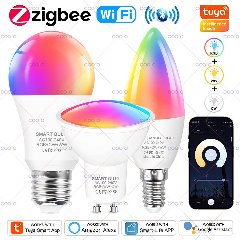Tuya Smart WiFi ZigBee Bluetooth LED Light Bulbs 220V 110V E27 GU10 E14 RGB Dimmable LED Lamp Work with Smart Life Alexa Google