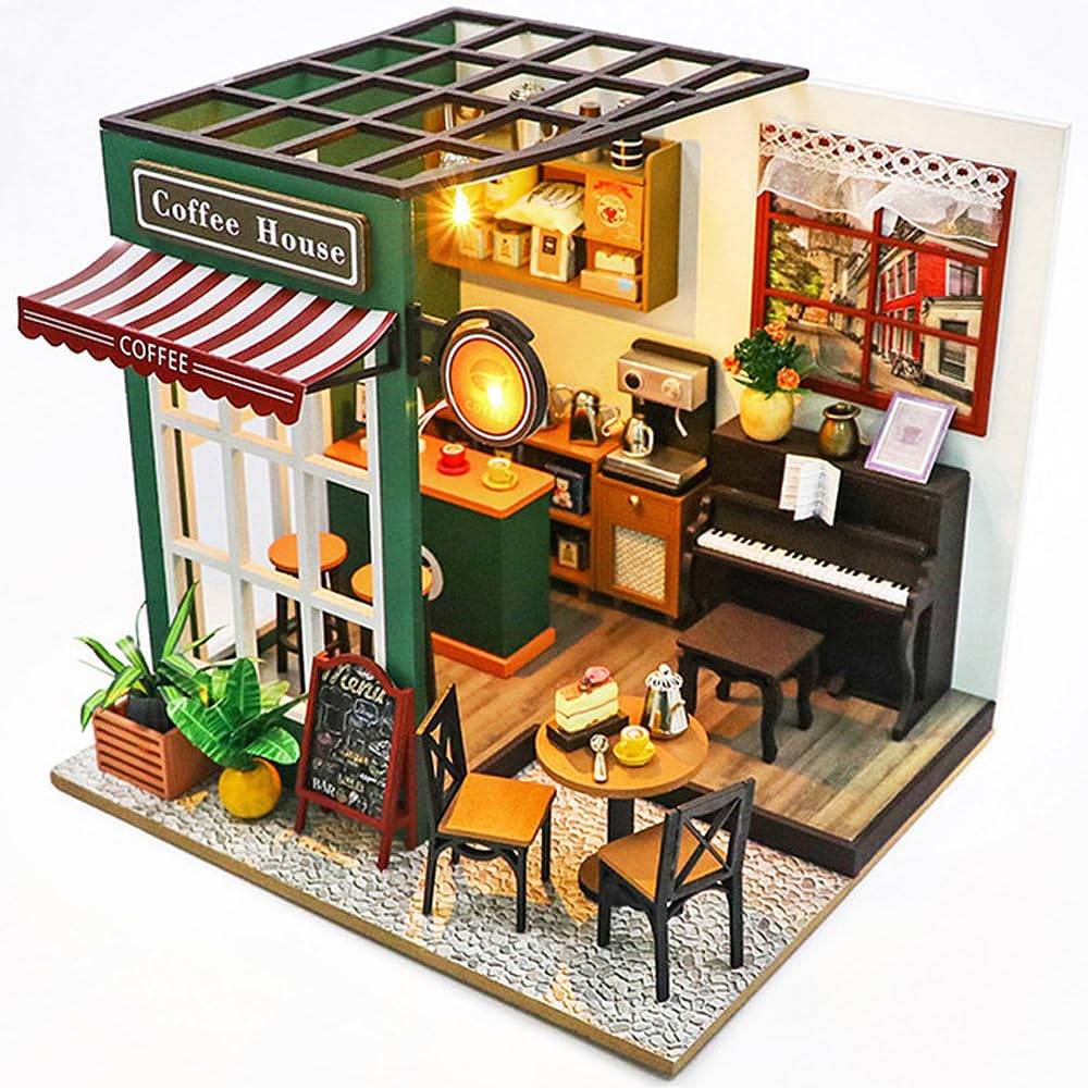 moin moin dockhus miniatyr DIY kit skalenliga instruktioner kafé retro antik amerikansk vintage LED-ljus akrylfodral set, 1/24 [engelska]