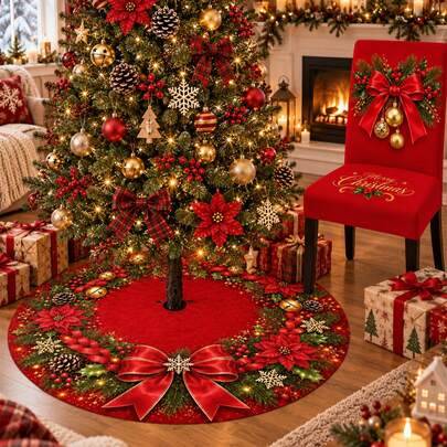 1 st röd julgransmatta med julstjärna, rund julgransfot i linne i lantlig stil med stor rosett, kottar, järnbär och snöflingemönster, julgransmatta fö - Multifärgad (90x90 cm,120x120 cm,60x60 cm)
