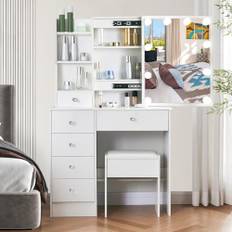 Ereousa Sminkbord med Spegel och LED-belysning, Toalettbord med 6 Lådor och 6 Förvaringshyllor, Sminkbord Modernt för Sovrum, Kosmetikbord med Kristallhandtag, vit