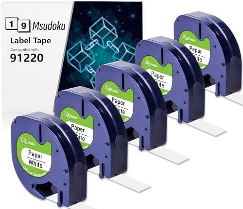5 x Msudoku 91220 Ersättning för Dymo Letratag Etikettband 12 mm x 4 m Vitt Papper 91201 S0721520 Svart på Vitt Etiketter för Kompatibel med Dymo Letratag XR LT100H LT100T XM 200B 2000