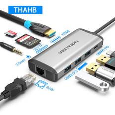 Vention USB Type C HUB HDMI Adapter 9 i 1 USB C till 3,5 mm Audio RJ45 Multi USB 3.0 HUB Dock för MacBook Pro Samsung USB-C HUB 0.15m grå färg