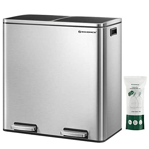 SONGMICS Dubbel soptunna, 2 x 30 L Kökskärl med dubbla fack, Silver och Svart