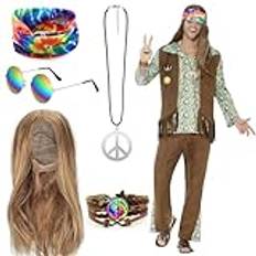 BIQIQI Hippie peruk kostym set hippie tillbehör fredstecken halsband och örhängen armband hippie pannband solglasögon halloween hippie klänning för 60-talet 70-talet temafest, BX-ZB-XPS-1, BRUN