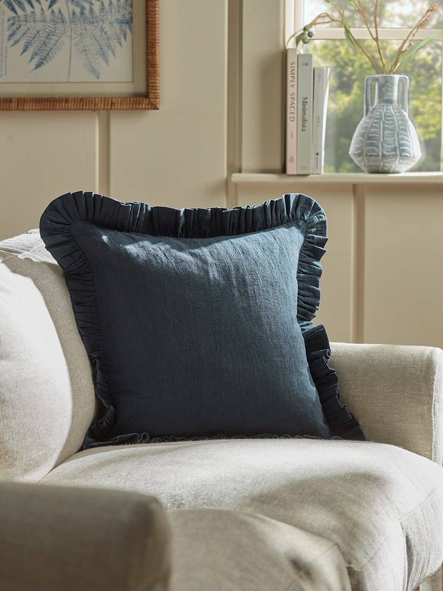 Ruffle Cotton Linen Square Cushion Cover - Steel Blue