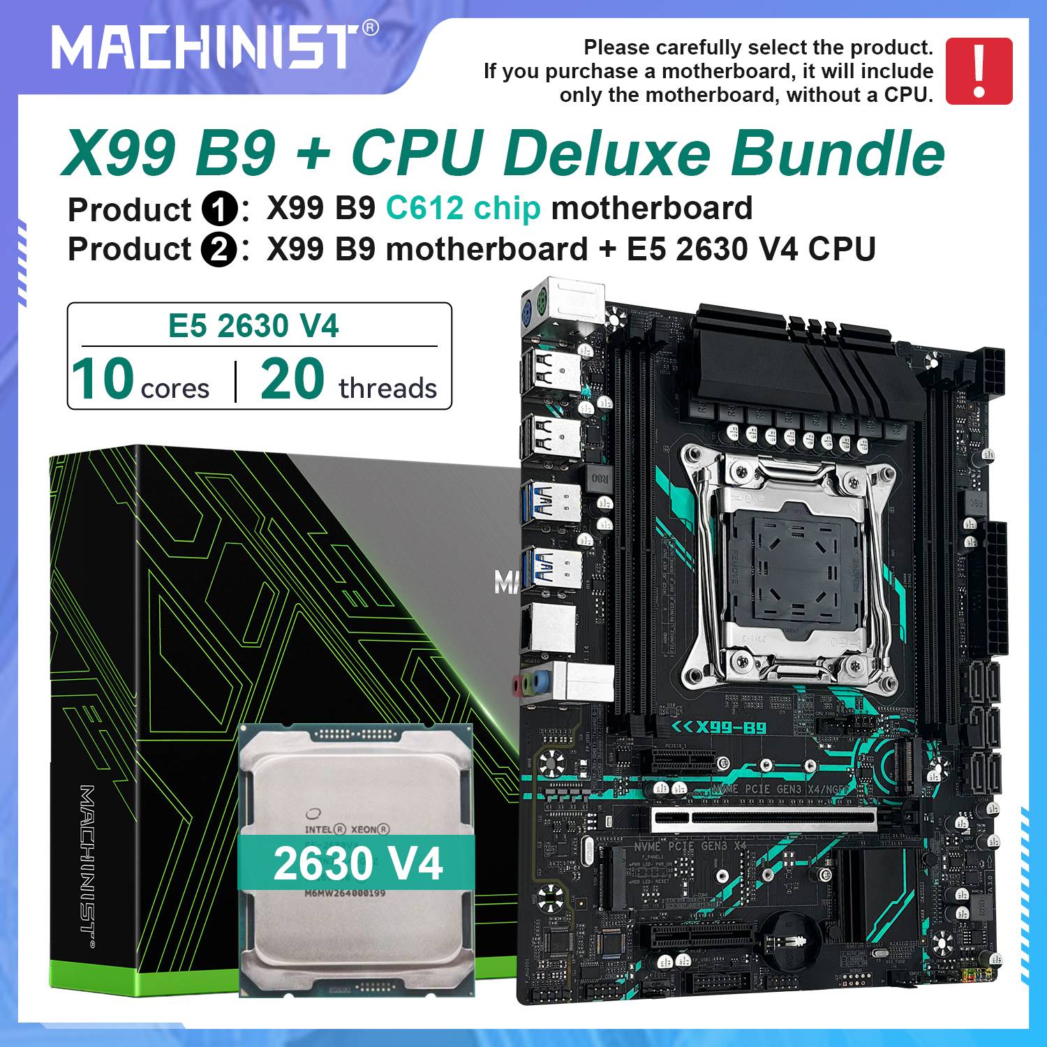 MACHINIST B9 X99 Motherboard Optional Bundle Intel LGA2011-3 Xeon E5 2630 V4 CPU Support ECC and Desktop Memory NVMe M.2 SATA