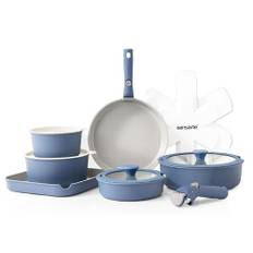 SENSARTE Keramiska Non-stick Kastrullset 17-delar, Stekapnna med Lock, Induktion, Panna med Avtagbart Handtag, Köksredskap av Silikon, PFOA-fri (marinblå)