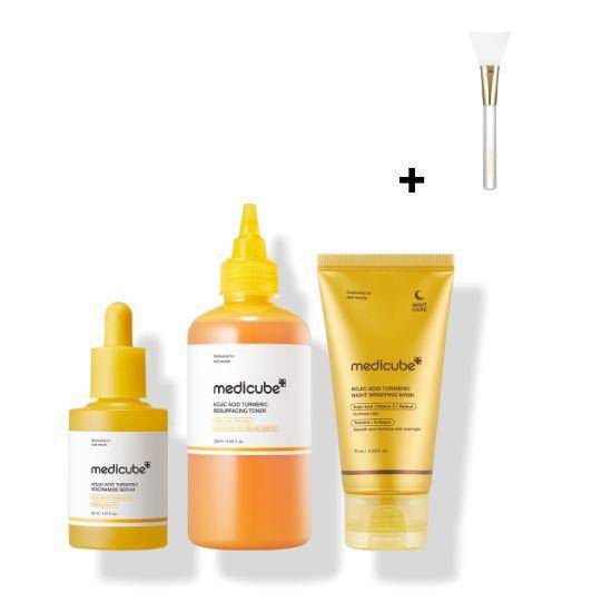 MediCube Kojinsyra Gurkmeja Upplysande Hudvårdsserie (Återuppbyggande Toner 250 ml + Niacinamid Serum 30 ml + Nattmask 75 ml) + Geléborste Present yel
