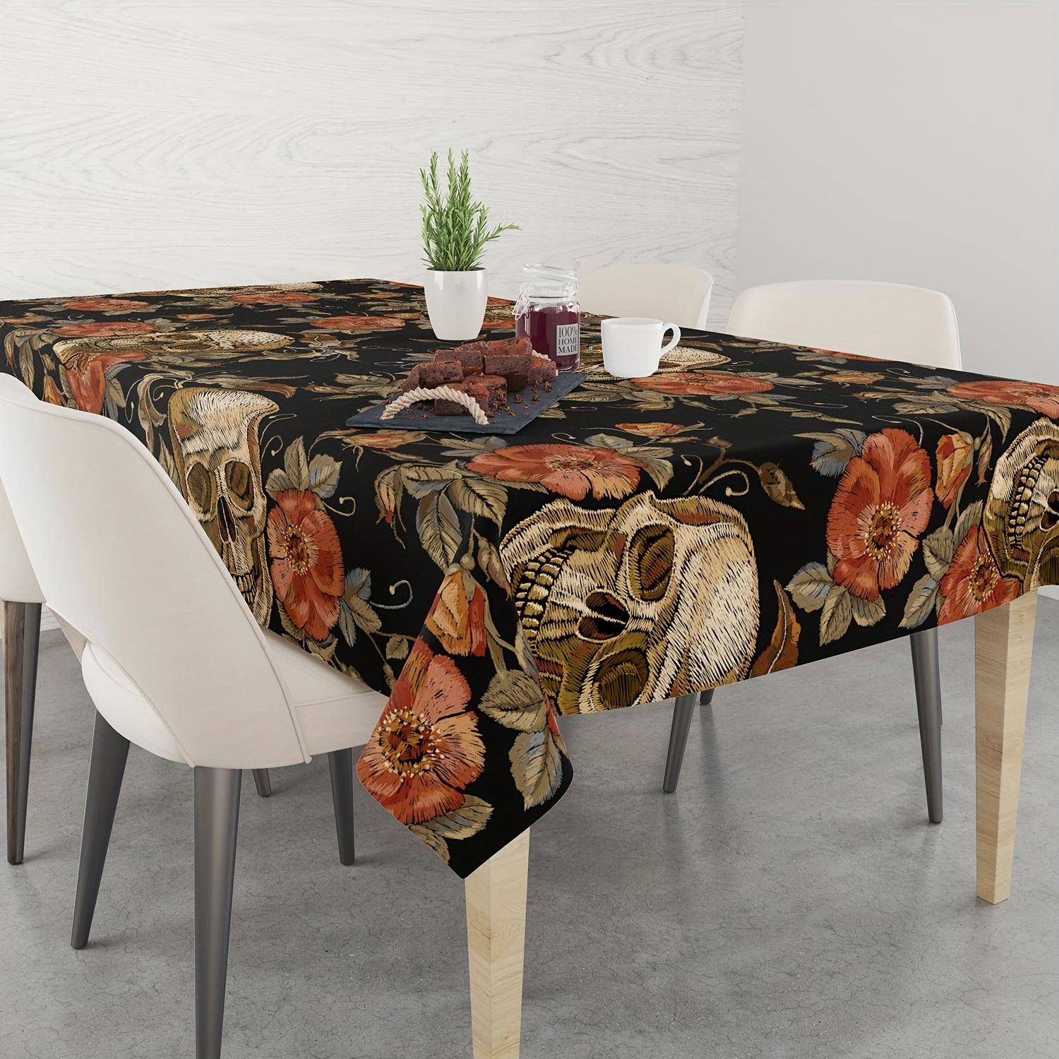 One skeleton tablecloth for home decoration. Features red roses and peony leaves of the skeleton motif.zyc