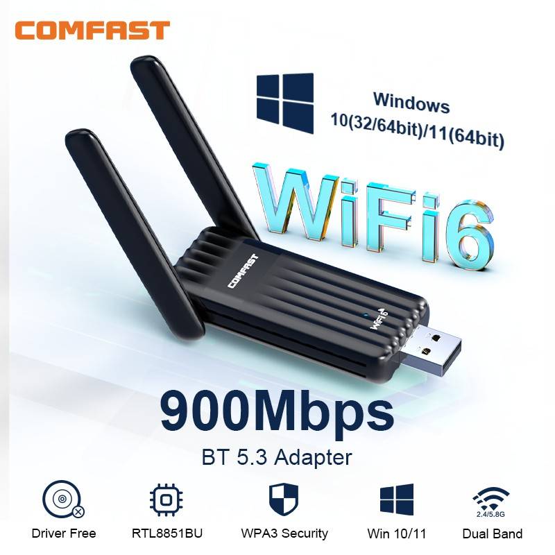 COMFAST WiFi 6 USB Adapter 900Mbps Dual Band 2.4/5G Bluetooth 5.3 Free Drive RTL8851BU Network Card for PC Laptop Windows 10/11
