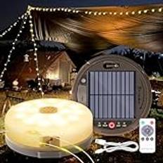 HELESIN Campingljuskedja upprullbar 12,8 m 128 LED, sol och USB-laddning, campinglampa, bärbar 3 600 mAh, solceller, campingljus, dimbar, 8 belysningslägen för camping, fest, trädgårdsdekoration