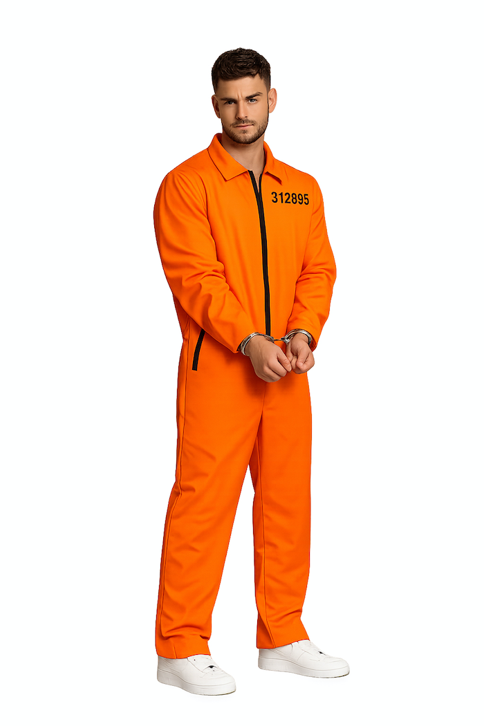 Fængselsdragt kostume orange deluxe inkl. håndjern.