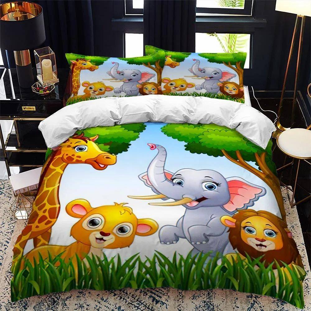 Tecknad Zoo Djur Sängklädesset Pojkar Flickor Enkel Queen Size Påslakan Örngott Säng Barn Vuxen Mode Hemtextil EU Single 135x200cm