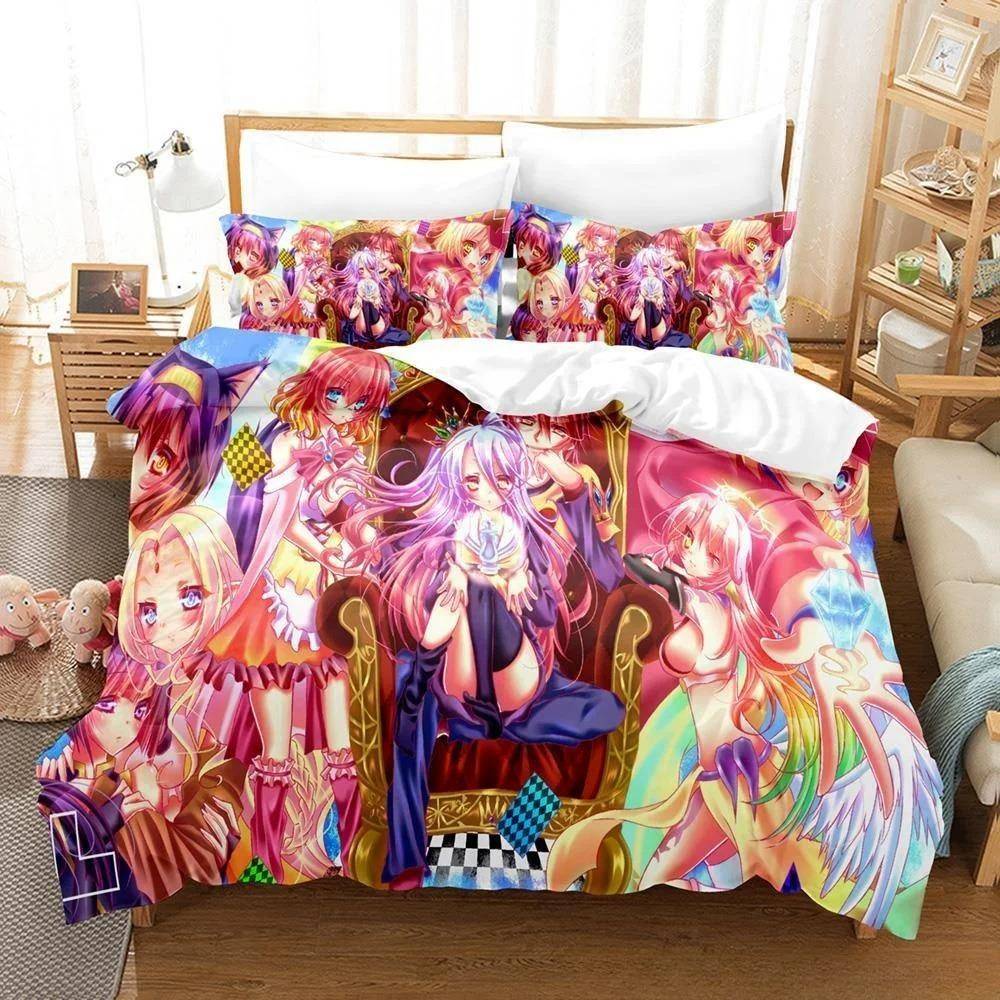 Ny 3D-tryck Kawaii Girls Sängkläder No Game No Life Sängklädesset Tecknad Anime Tredelat Set Vuxen Barn Sovrum Påslakanset EU single(135x200cm)