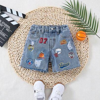Småbarnspojkar med basketboll och bokstavstryck, lösa jeansshorts - Ljustvätt (6-9M,9-12M,12-18M,18-24M,2-3Y,3-6M)