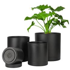 T4U Planteringskrukor i plast för inomhusbruk, 10/13/15/18 cm, växtkrukor med fat, 4 stycken, 3,5 mm förtjockade krukor med täta små dräneringshål för husväxt, blomma, orkidé, ört, aloe, suckulent