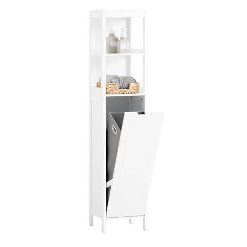 SoBuy Slim Badrumsförvaringsskåp med Tvättkorg 145 cm Hög Skåp med Öppna Hyllor och Utdragbar Tvättkorg Smal Badrumsskåp för Små Utrymmen Vit BZR123-W