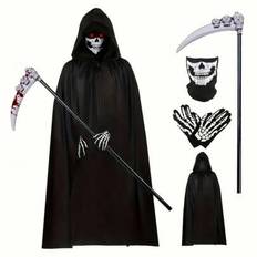 1 st Death Reaper-kostym, lång svart kappa med huva, skeletthandskar och lie, Halloween-huvudbonad för vuxna, cosplay-rekvisita (slumpmässig stil) - Multifärgad (En-Storlek,skära,Skeletthandskar,Mask,dölja)