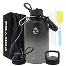 ZAKVOP 2L Isolerad Vattenflaska med Sugrör och 3 Lock, Vattenflaska i Rostfritt Stål med Paracord-handtag, 2 liters Vattenflaska i Metall med Flaskborstar för Gym, Vandring, Camping
