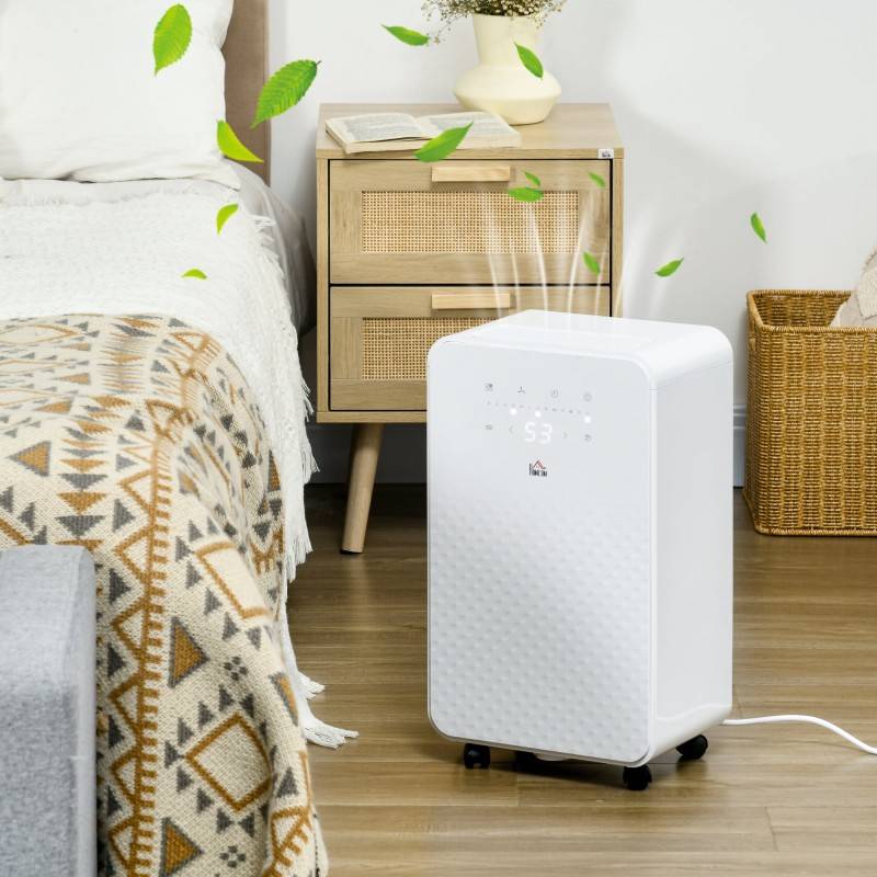 HOMCOM 2000mL bärbar avfuktare med luftrenare, 24H Timer, 5 Lägen, 10L/Dag, för hem tvätt, Vit